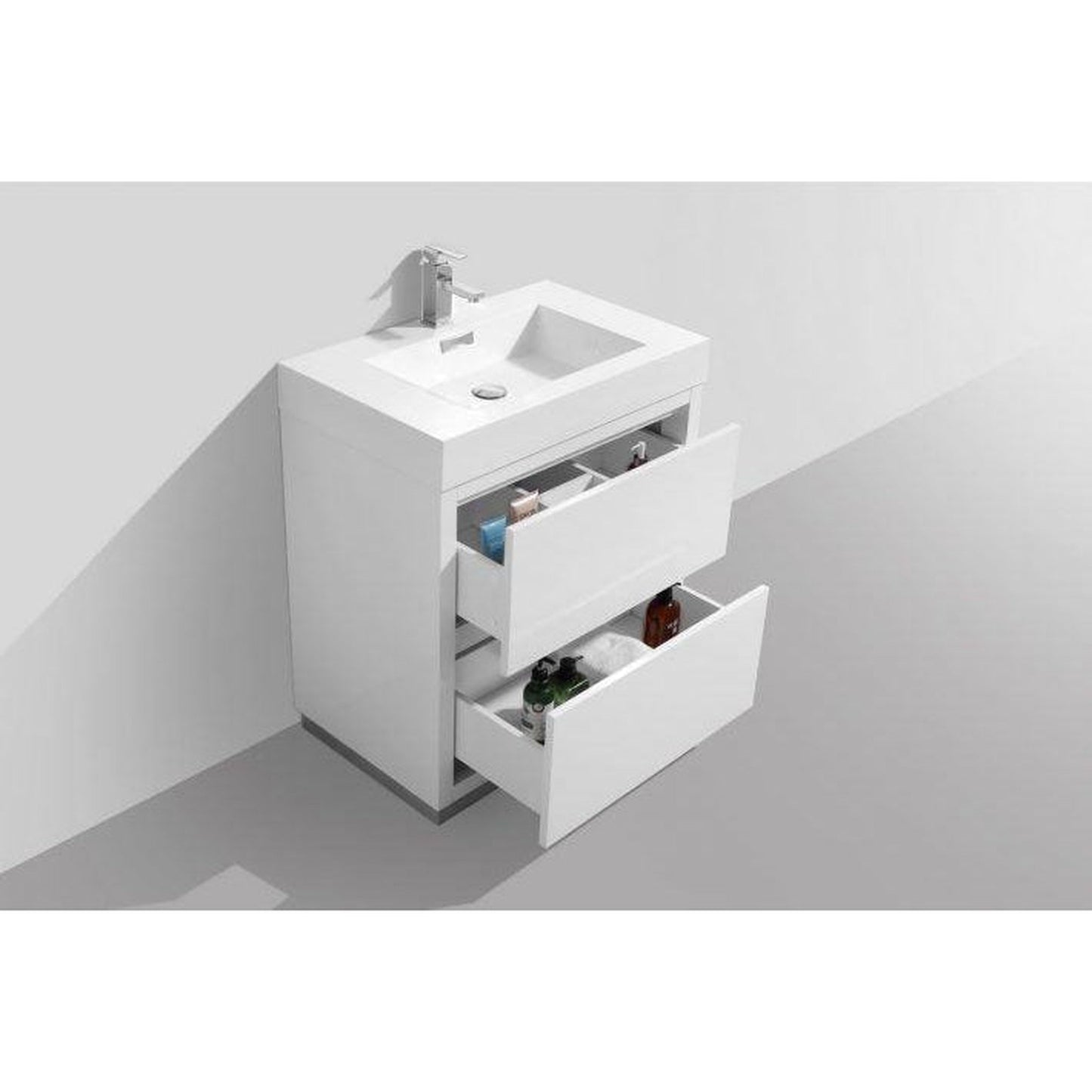 KubeBath Bliss 30" High Gloss White Freestanding Modern Bathroom Vanity With Single Integrated Acrylic Sink With Overflow