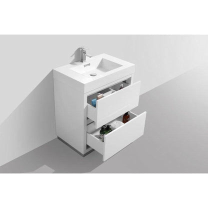 KubeBath Bliss 30" High Gloss White Freestanding Modern Bathroom Vanity With Single Integrated Acrylic Sink With Overflow