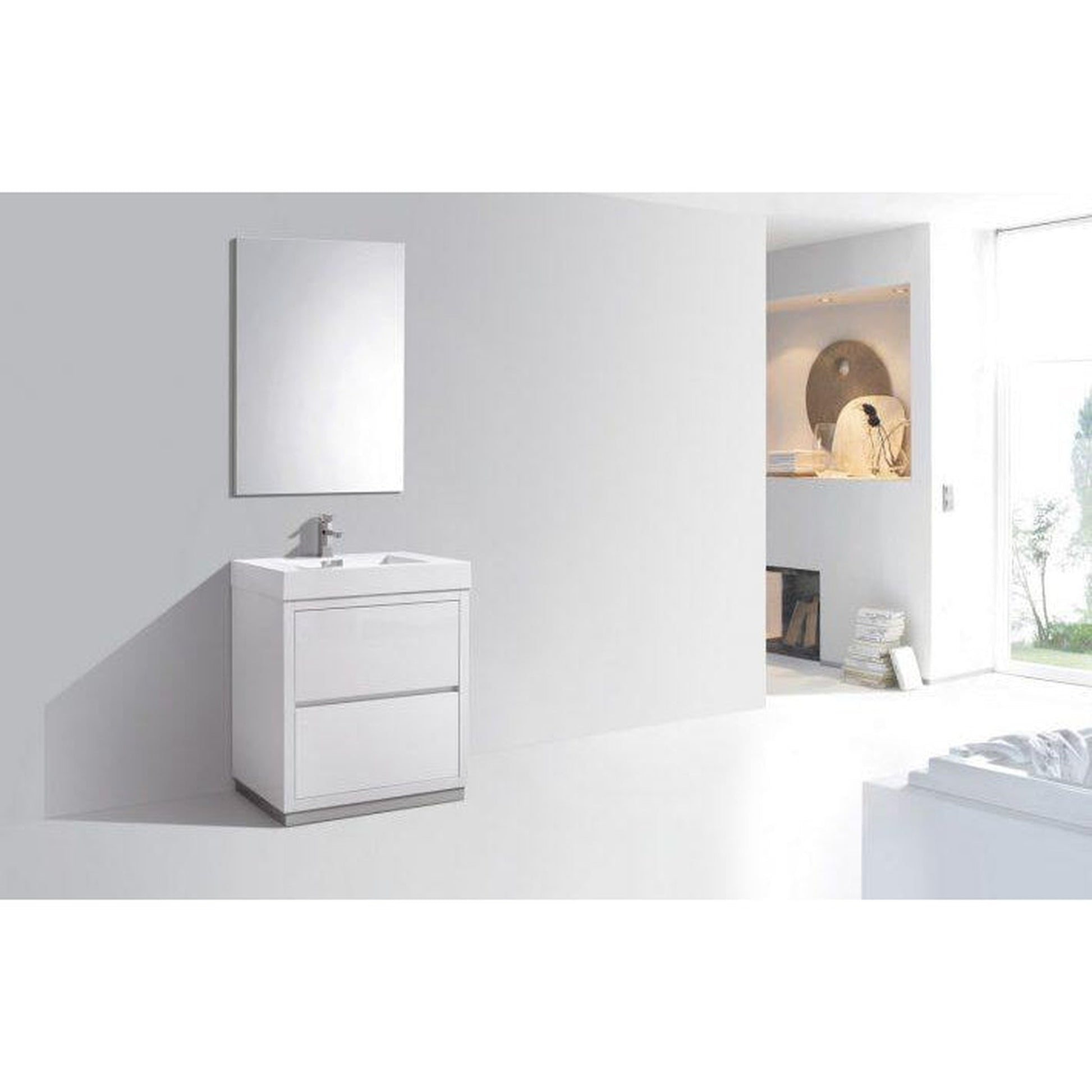 KubeBath Bliss 30" High Gloss White Freestanding Modern Bathroom Vanity With Single Integrated Acrylic Sink With Overflow and 30" White Framed Mirror With Shelf