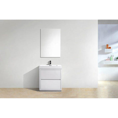 KubeBath Bliss 30" High Gloss White Freestanding Modern Bathroom Vanity With Single Integrated Acrylic Sink With Overflow and 30" White Framed Mirror With Shelf