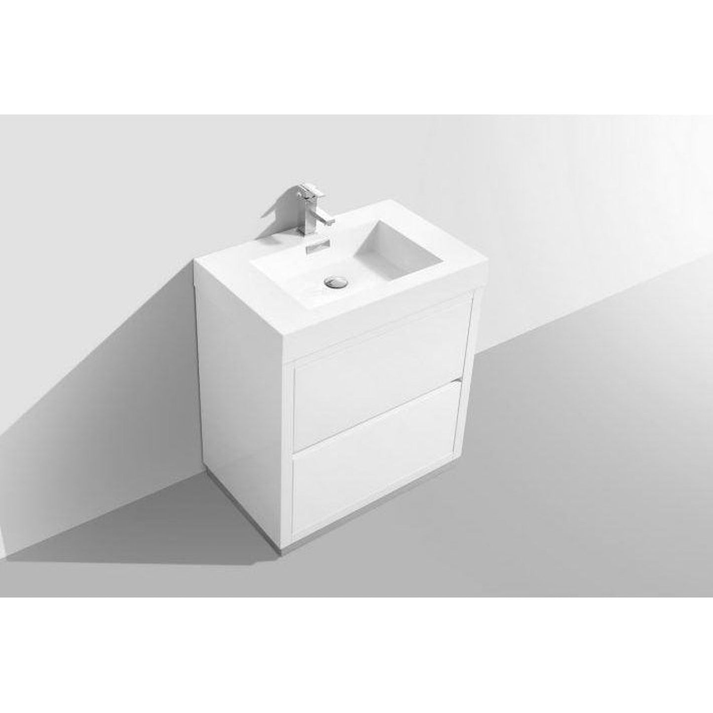 KubeBath Bliss 30" High Gloss White Freestanding Modern Bathroom Vanity With Single Integrated Acrylic Sink With Overflow and 30" White Framed Mirror With Shelf