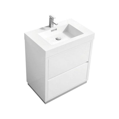 KubeBath Bliss 30" High Gloss White Freestanding Modern Bathroom Vanity With Single Integrated Acrylic Sink With Overflow