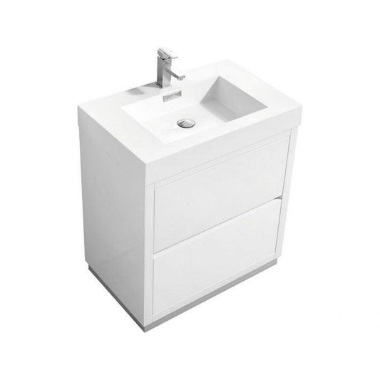KubeBath Bliss 30" High Gloss White Freestanding Modern Bathroom Vanity With Single Integrated Acrylic Sink With Overflow
