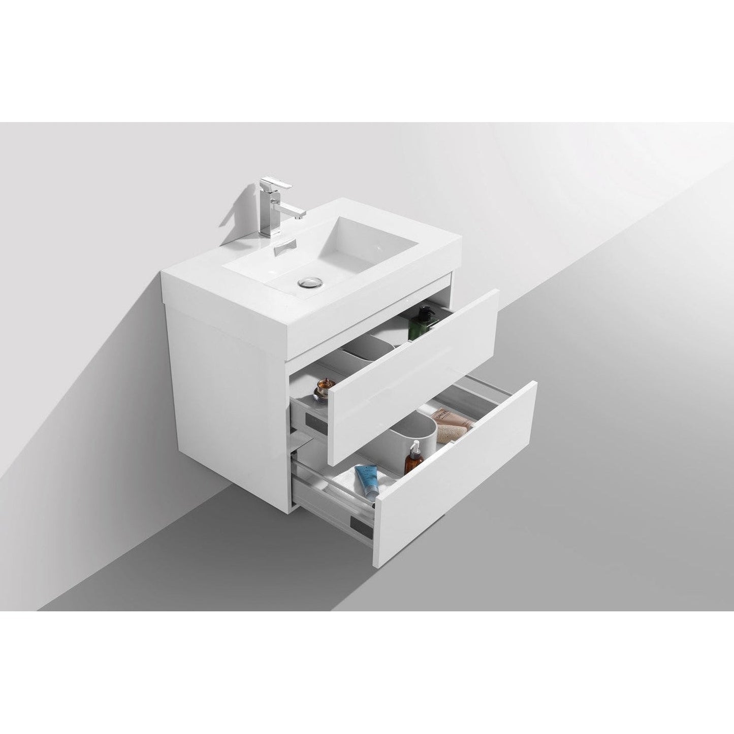 KubeBath Bliss 30" High Gloss White Wall-Mounted Modern Bathroom Vanity With Single Integrated Acrylic Sink With Overflow and 30" White Framed Mirror With Shelf