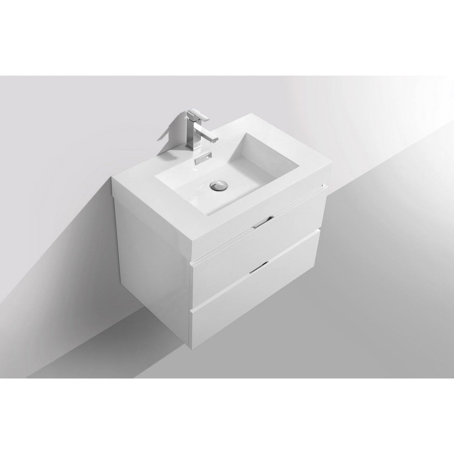 KubeBath Bliss 30" High Gloss White Wall-Mounted Modern Bathroom Vanity With Single Integrated Acrylic Sink With Overflow and 30" White Framed Mirror With Shelf