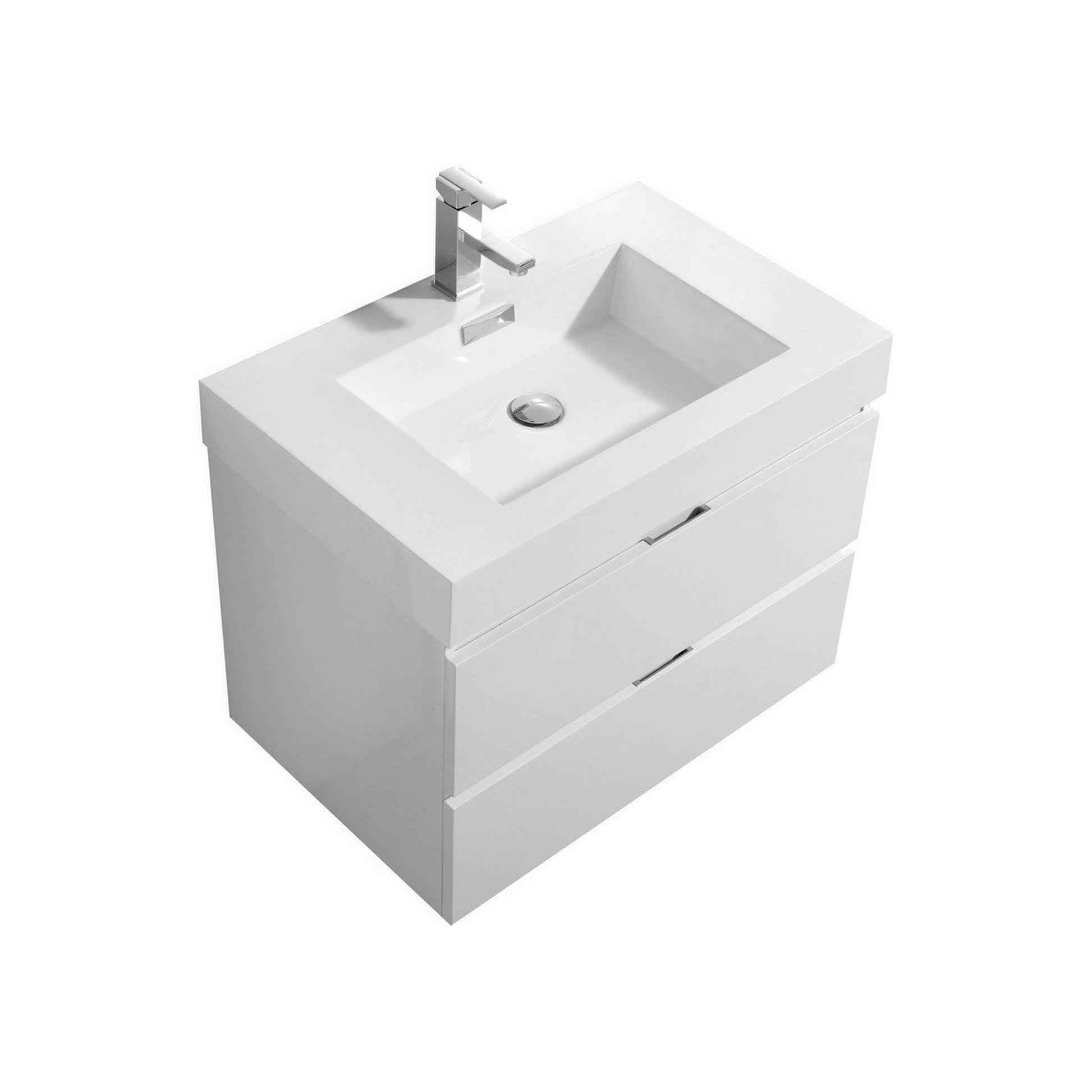 KubeBath Bliss 30" High Gloss White Wall-Mounted Modern Bathroom Vanity With Single Integrated Acrylic Sink With Overflow and 30" White Framed Mirror With Shelf