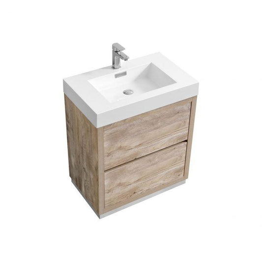 KubeBath Bliss 30" Nature Wood Freestanding Modern Bathroom Vanity With Single Integrated Acrylic Sink With Overflow