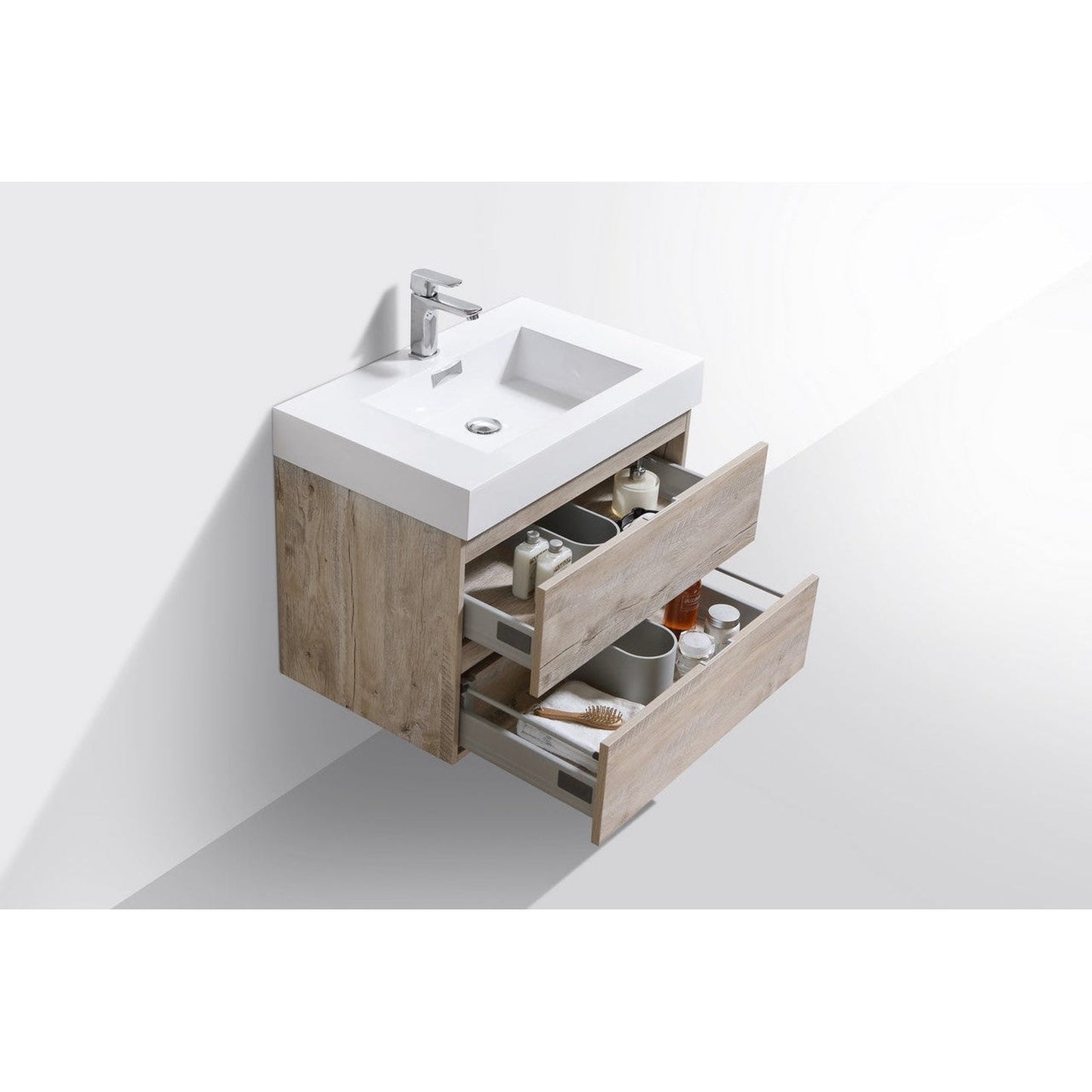 KubeBath Bliss 30" Nature Wood Wall-Mounted Modern Bathroom Vanity With Single Integrated Acrylic Sink With Overflow