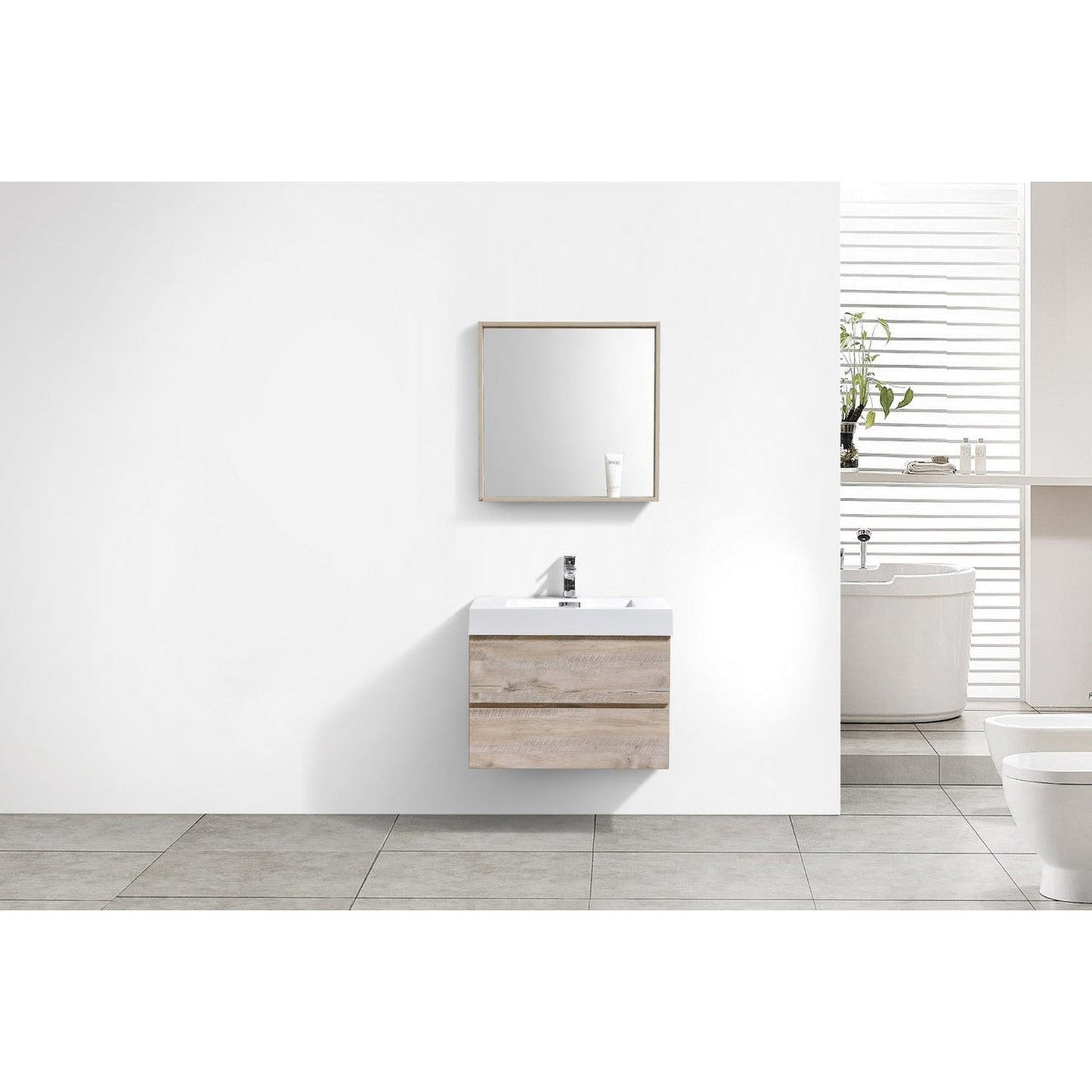 KubeBath Bliss 30" Nature Wood Wall-Mounted Modern Bathroom Vanity With Single Integrated Acrylic Sink With Overflow