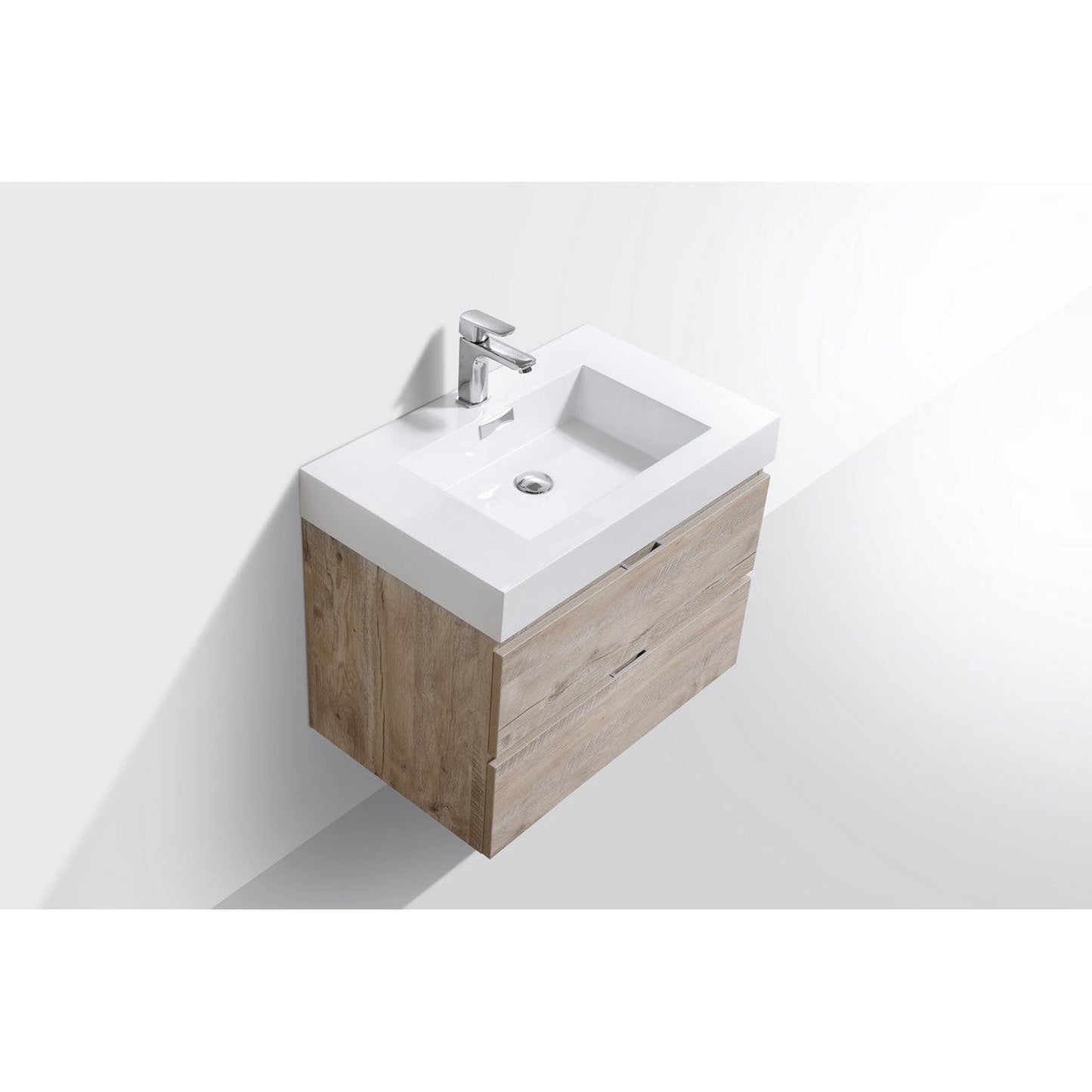 KubeBath Bliss 30" Nature Wood Wall-Mounted Modern Bathroom Vanity With Single Integrated Acrylic Sink With Overflow and 30" Wood Framed Mirror With Shelf
