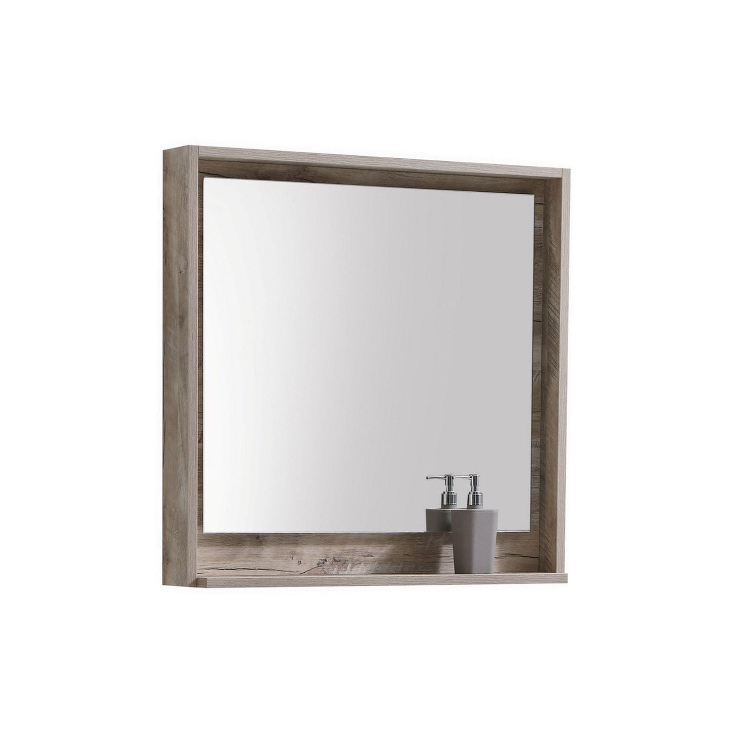 KubeBath Bliss 30" Nature Wood Wall-Mounted Modern Bathroom Vanity With Single Integrated Acrylic Sink With Overflow and 30" Wood Framed Mirror With Shelf