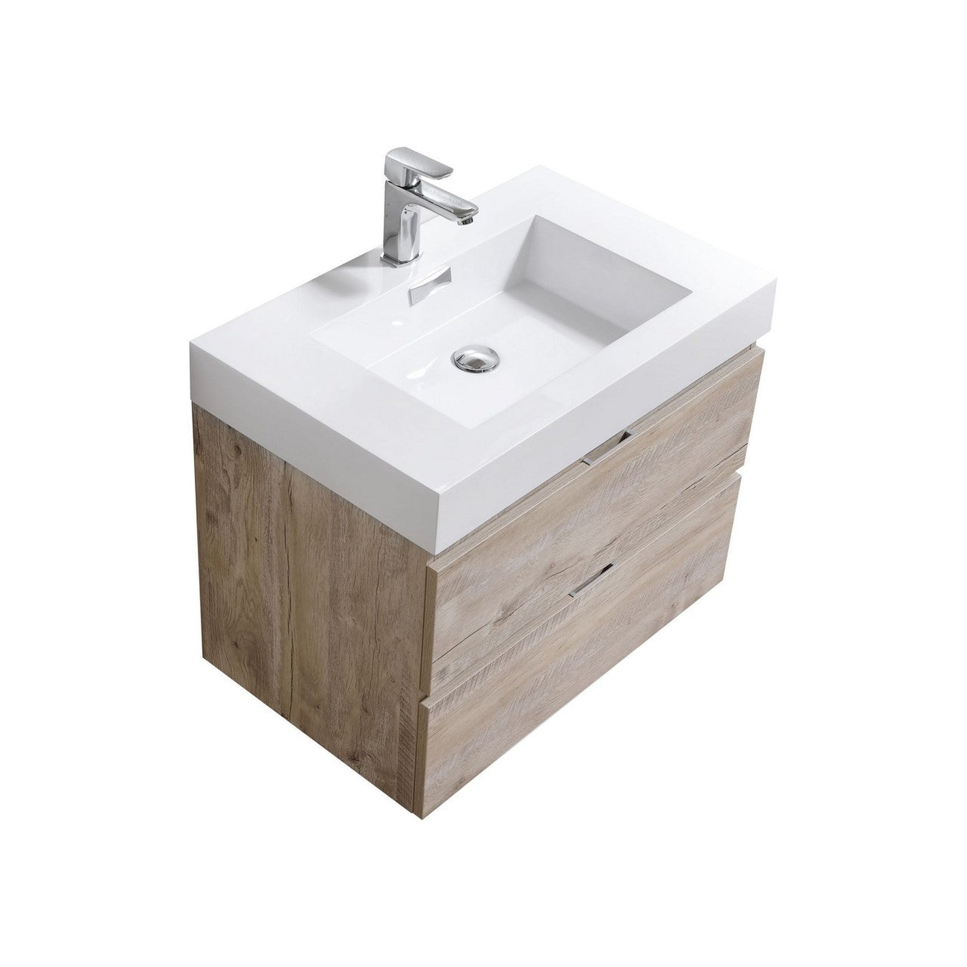 KubeBath Bliss 30" Nature Wood Wall-Mounted Modern Bathroom Vanity With Single Integrated Acrylic Sink With Overflow