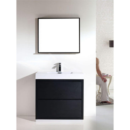 KubeBath Bliss 36" Black Freestanding Modern Bathroom Vanity With Single Integrated Acrylic Sink With Overflow and 34" Black Framed Mirror With Shelf