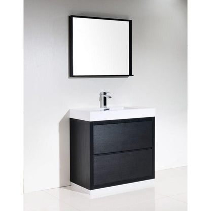 KubeBath Bliss 36" Black Freestanding Modern Bathroom Vanity With Single Integrated Acrylic Sink With Overflow and 34" Black Framed Mirror With Shelf
