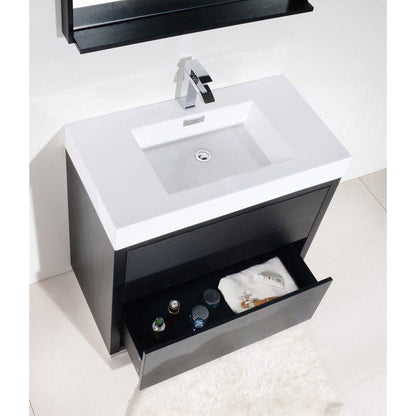 KubeBath Bliss 36" Black Freestanding Modern Bathroom Vanity With Single Integrated Acrylic Sink With Overflow and 34" Black Framed Mirror With Shelf