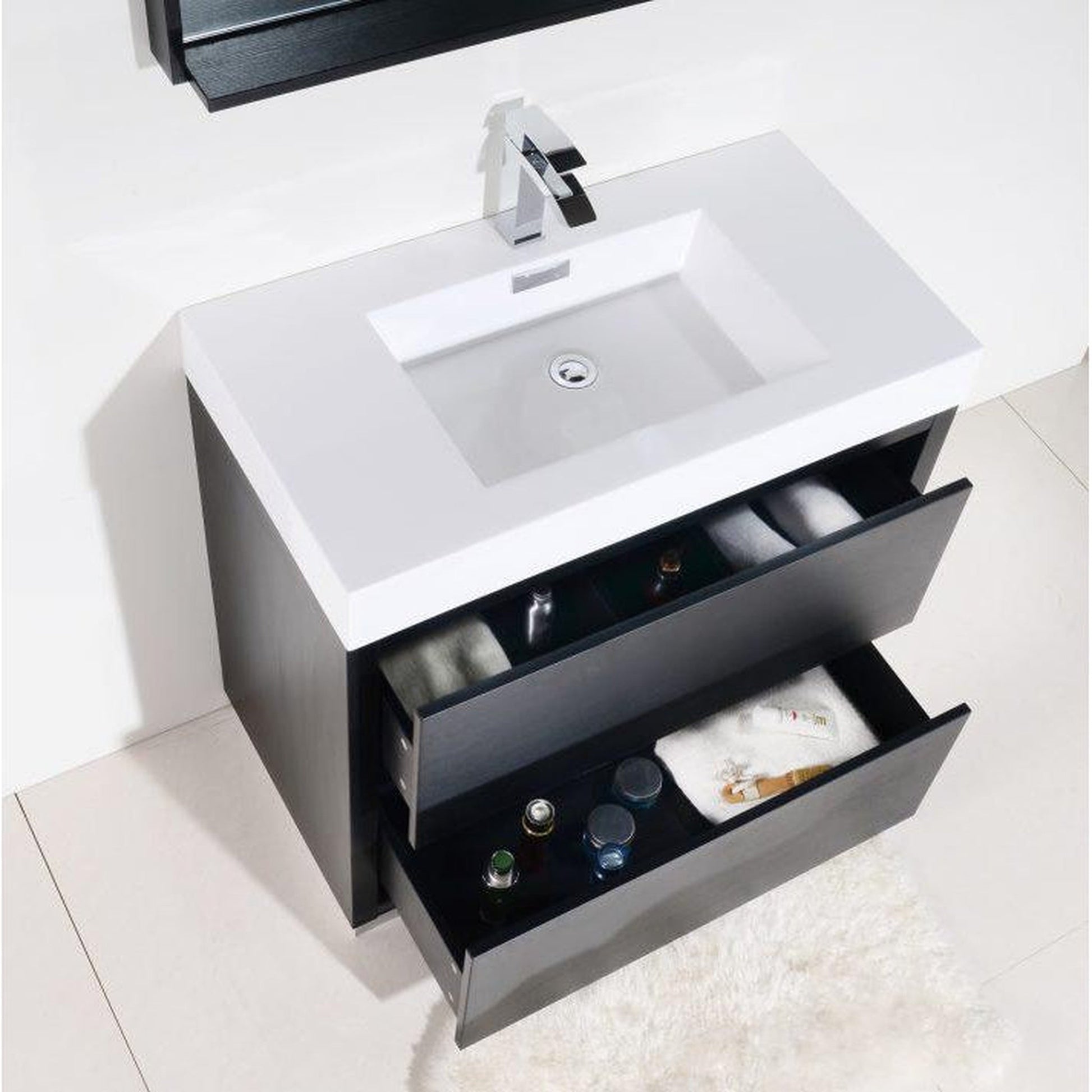 KubeBath Bliss 36" Black Freestanding Modern Bathroom Vanity With Single Integrated Acrylic Sink With Overflow and 34" Black Framed Mirror With Shelf