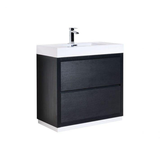 KubeBath Bliss 36" Black Freestanding Modern Bathroom Vanity With Single Integrated Acrylic Sink With Overflow and 34" Black Framed Mirror With Shelf