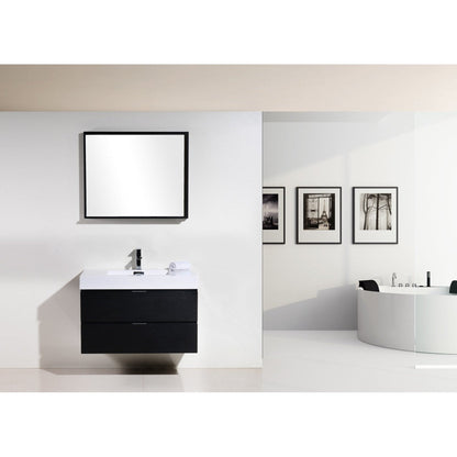 KubeBath Bliss 36" Black Wall-Mounted Modern Bathroom Vanity With Single Integrated Acrylic Sink With Overflow and 34" Black Framed Mirror With Shelf