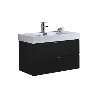 KubeBath Bliss 36" Black Wall-Mounted Modern Bathroom Vanity With Single Integrated Acrylic Sink With Overflow and 34" Black Framed Mirror With Shelf