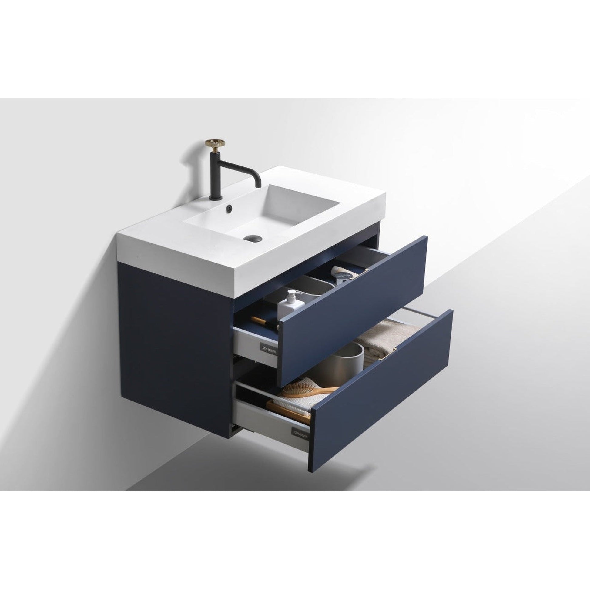 KubeBath Bliss 36" Blue Wall-Mounted Modern Bathroom Vanity With Single Integrated Acrylic Sink With Overflow