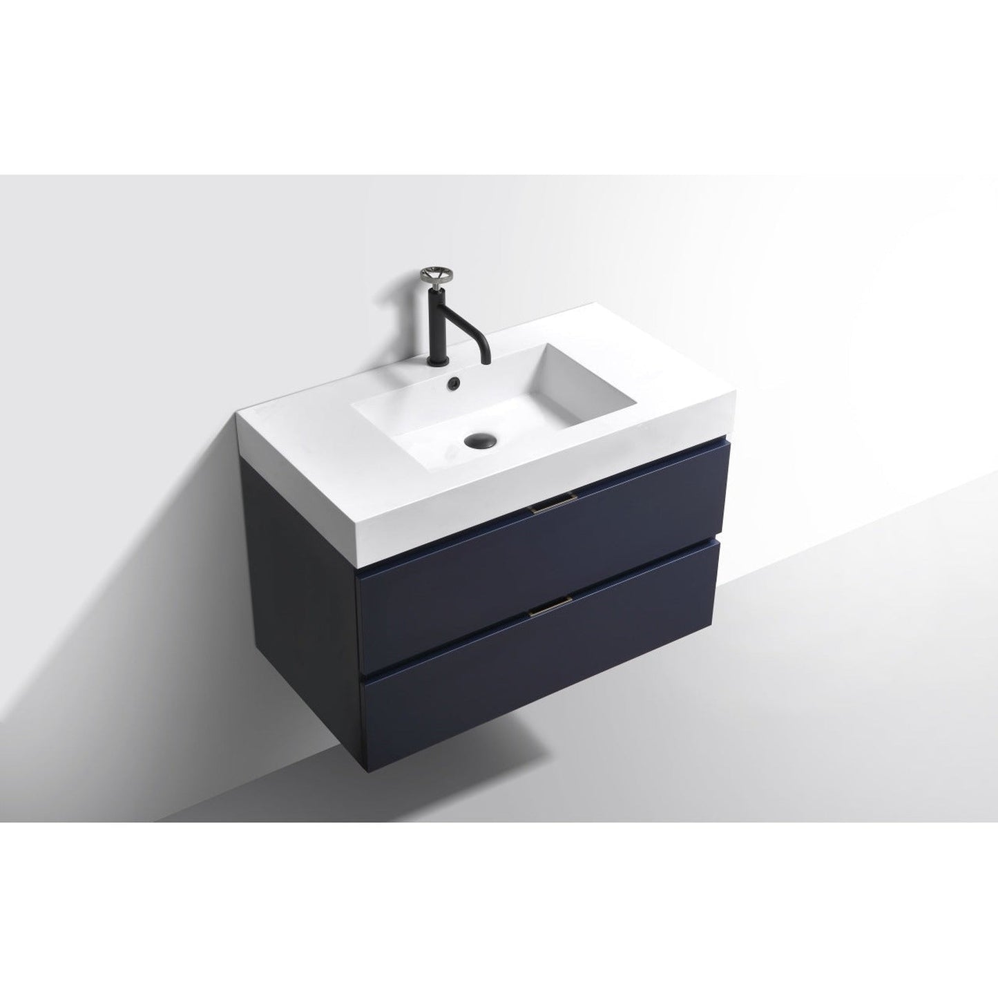 KubeBath Bliss 36" Blue Wall-Mounted Modern Bathroom Vanity With Single Integrated Acrylic Sink With Overflow and 36" White Framed Mirror With Shelf