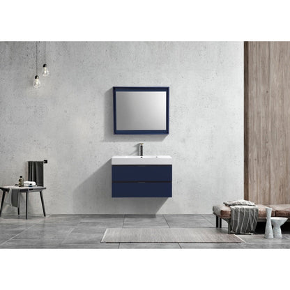 KubeBath Bliss 36" Blue Wall-Mounted Modern Bathroom Vanity With Single Integrated Acrylic Sink With Overflow and 36" White Framed Mirror With Shelf