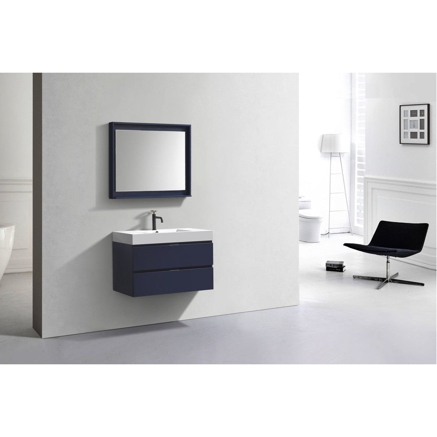 KubeBath Bliss 36" Blue Wall-Mounted Modern Bathroom Vanity With Single Integrated Acrylic Sink With Overflow and 36" White Framed Mirror With Shelf