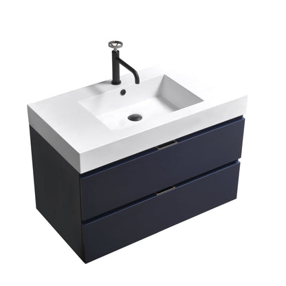 KubeBath Bliss 36" Blue Wall-Mounted Modern Bathroom Vanity With Single Integrated Acrylic Sink With Overflow and 36" White Framed Mirror With Shelf