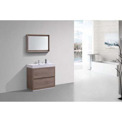 KubeBath Bliss 36" Butternut Freestanding Modern Bathroom Vanity With Single Integrated Acrylic Sink With Overflow and 36" Butternut Framed Mirror With Shelf