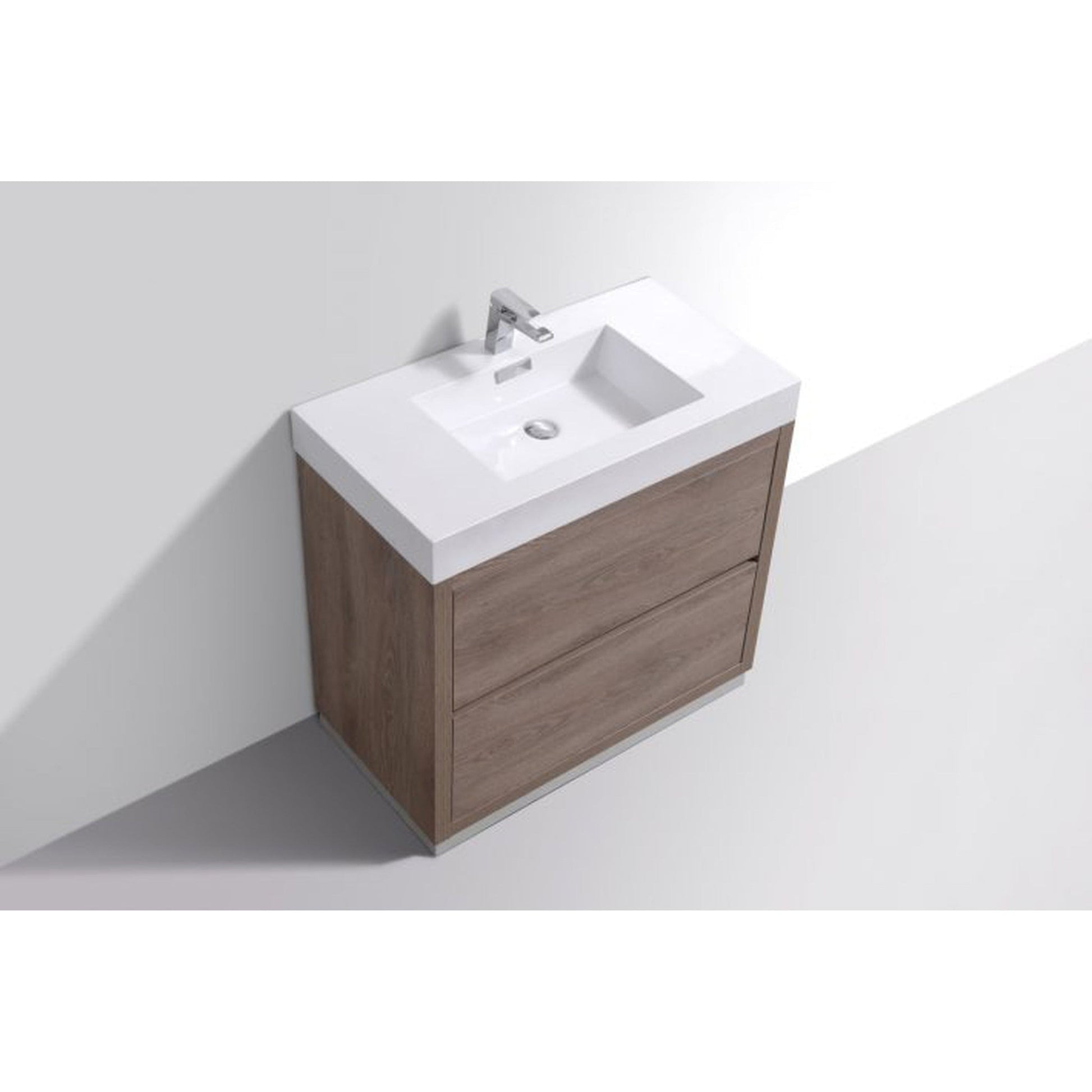 KubeBath Bliss 36" Butternut Freestanding Modern Bathroom Vanity With Single Integrated Acrylic Sink With Overflow and 36" Butternut Framed Mirror With Shelf