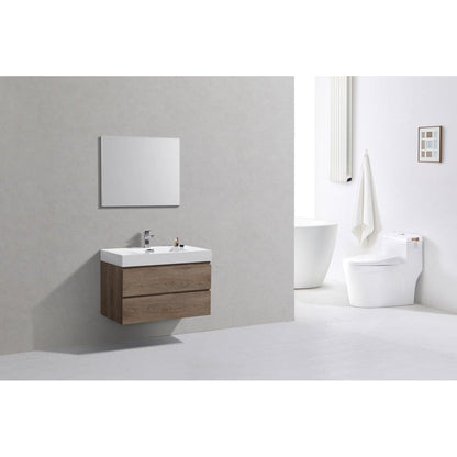KubeBath Bliss 36" Butternut Wall-Mounted Modern Bathroom Vanity With Single Integrated Acrylic Sink With Overflow