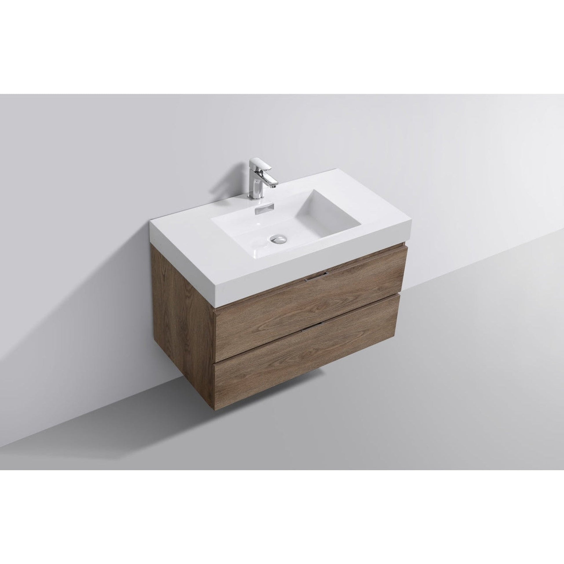 KubeBath Bliss 36" Butternut Wall-Mounted Modern Bathroom Vanity With Single Integrated Acrylic Sink With Overflow and 30" Butternut Framed Mirror With Shelf