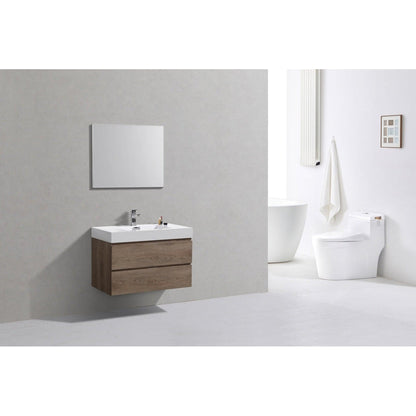 KubeBath Bliss 36" Butternut Wall-Mounted Modern Bathroom Vanity With Single Integrated Acrylic Sink With Overflow and 30" Butternut Framed Mirror With Shelf