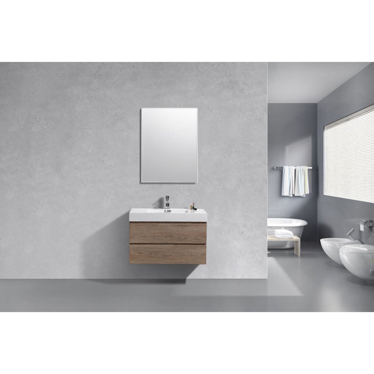 KubeBath Bliss 36" Butternut Wall-Mounted Modern Bathroom Vanity With Single Integrated Acrylic Sink With Overflow and 30" Butternut Framed Mirror With Shelf