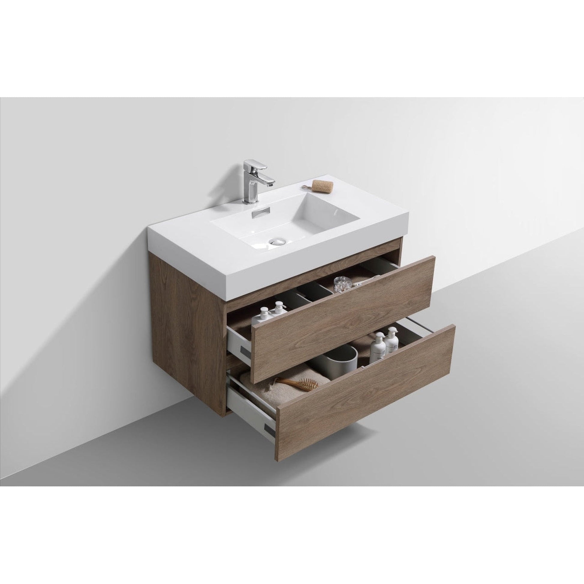 KubeBath Bliss 36" Butternut Wall-Mounted Modern Bathroom Vanity With Single Integrated Acrylic Sink With Overflow and 30" Butternut Framed Mirror With Shelf