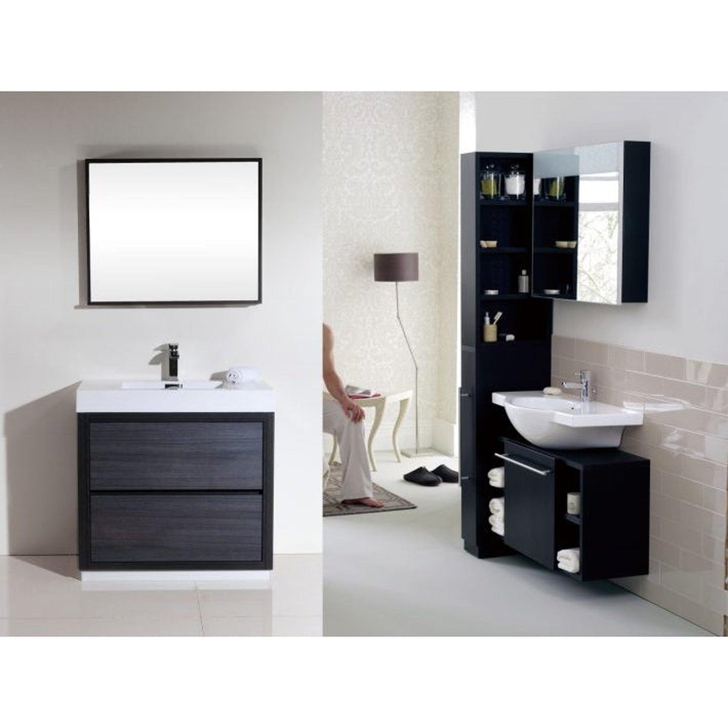 KubeBath Bliss 36" Gray Oak Freestanding Modern Bathroom Vanity With Single Integrated Acrylic Sink With Overflow and 34" Gray Oak Framed Mirror With Shelf