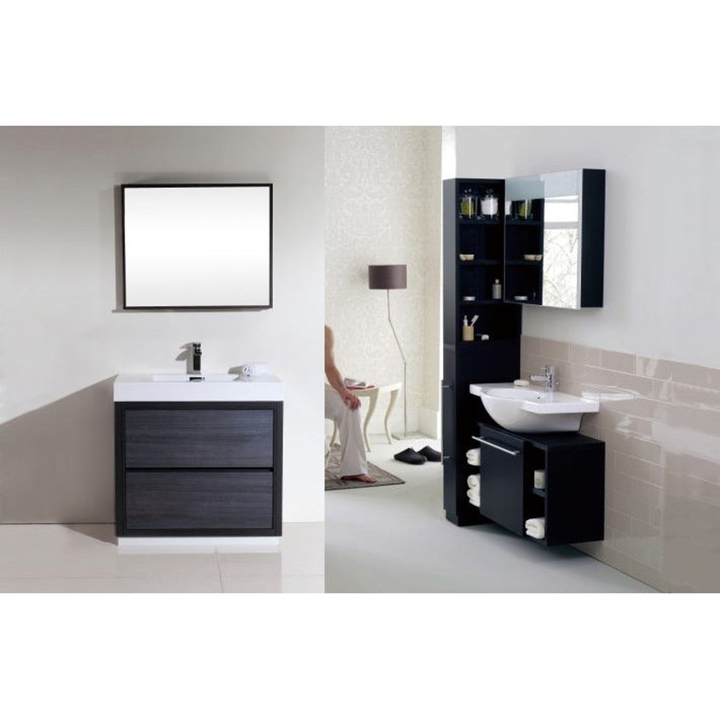 KubeBath Bliss 36" Gray Oak Freestanding Modern Bathroom Vanity With Single Integrated Acrylic Sink With Overflow and 34" Gray Oak Framed Mirror With Shelf