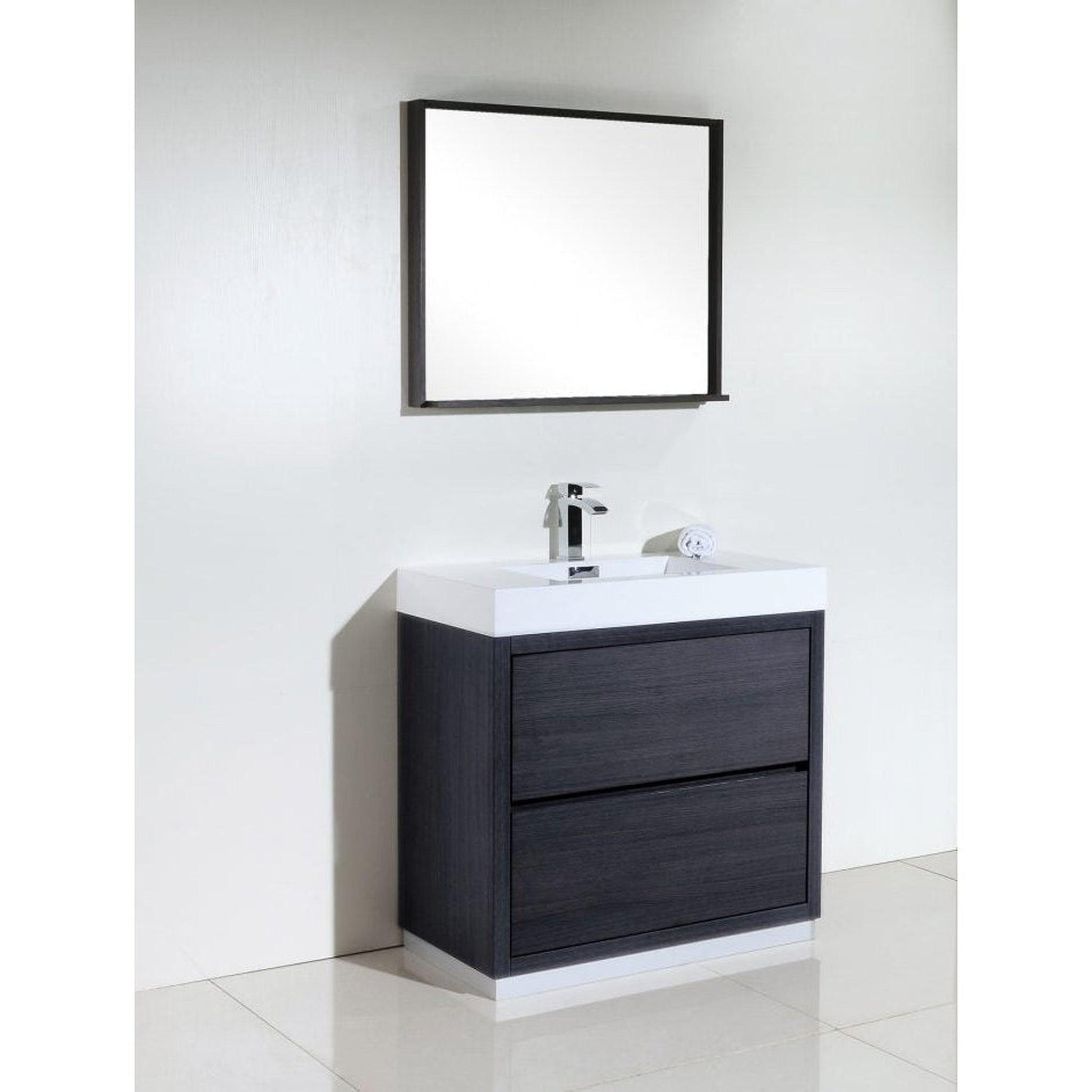 KubeBath Bliss 36" Gray Oak Freestanding Modern Bathroom Vanity With Single Integrated Acrylic Sink With Overflow and 34" Gray Oak Framed Mirror With Shelf