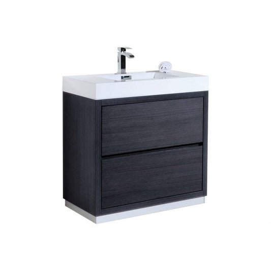 KubeBath Bliss 36" Gray Oak Freestanding Modern Bathroom Vanity With Single Integrated Acrylic Sink With Overflow and 34" Gray Oak Framed Mirror With Shelf
