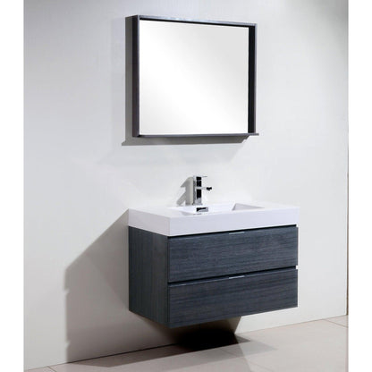 KubeBath Bliss 36" Gray Oak Wall-Mounted Modern Bathroom Vanity With Single Integrated Acrylic Sink With Overflow and 34" Gray Oak Framed Mirror With Shelf