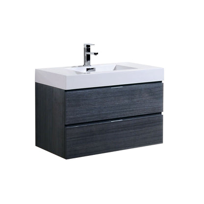 KubeBath Bliss 36" Gray Oak Wall-Mounted Modern Bathroom Vanity With Single Integrated Acrylic Sink With Overflow and 34" Gray Oak Framed Mirror With Shelf