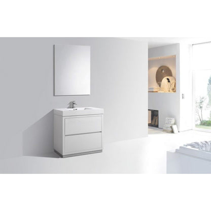 KubeBath Bliss 36" High Gloss White Freestanding Modern Bathroom Vanity With Single Integrated Acrylic Sink With Overflow and 36" White Framed Mirror With Shelf