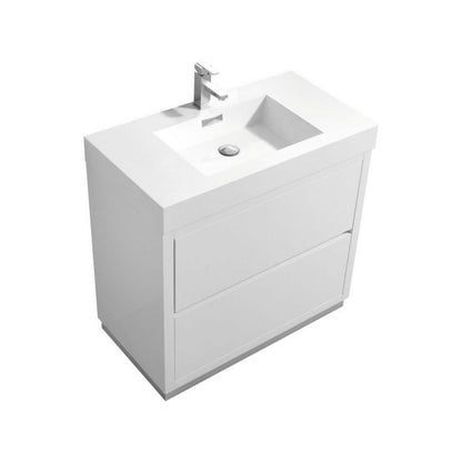 KubeBath Bliss 36" High Gloss White Freestanding Modern Bathroom Vanity With Single Integrated Acrylic Sink With Overflow and 36" White Framed Mirror With Shelf