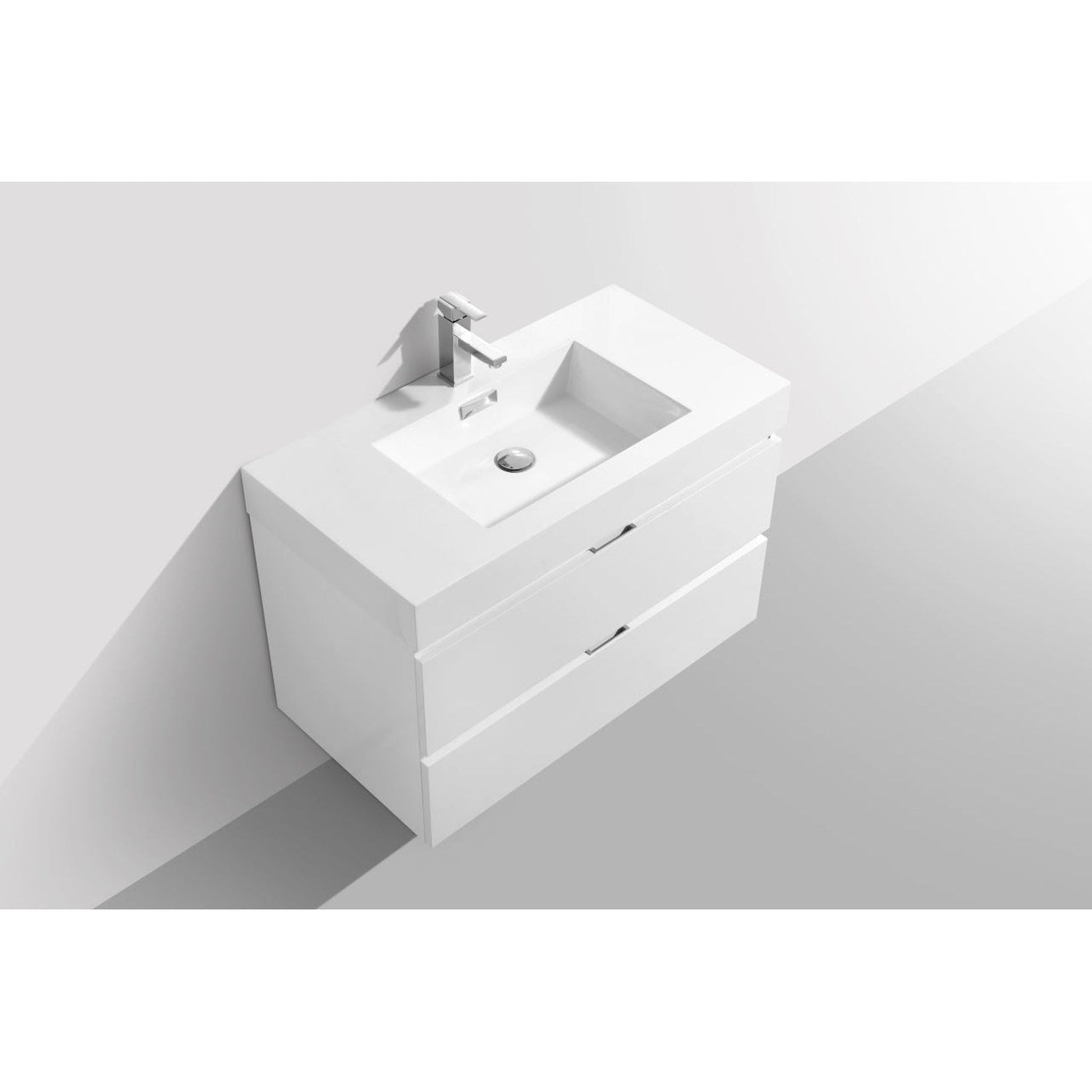 KubeBath Bliss 36" High Gloss White Wall-Mounted Modern Bathroom Vanity With Single Integrated Acrylic Sink With Overflow and 36" White Framed Mirror With Shelf