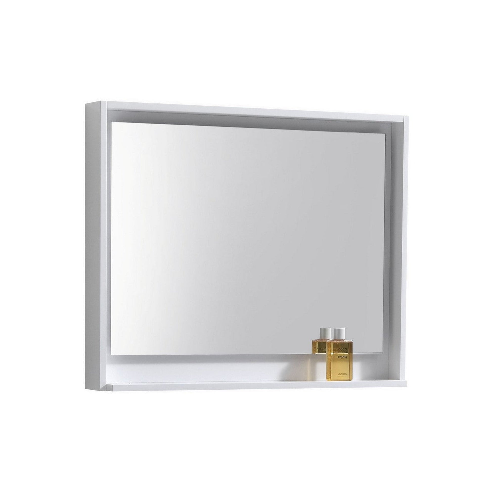 KubeBath Bliss 36" High Gloss White Wall-Mounted Modern Bathroom Vanity With Single Integrated Acrylic Sink With Overflow and 36" White Framed Mirror With Shelf