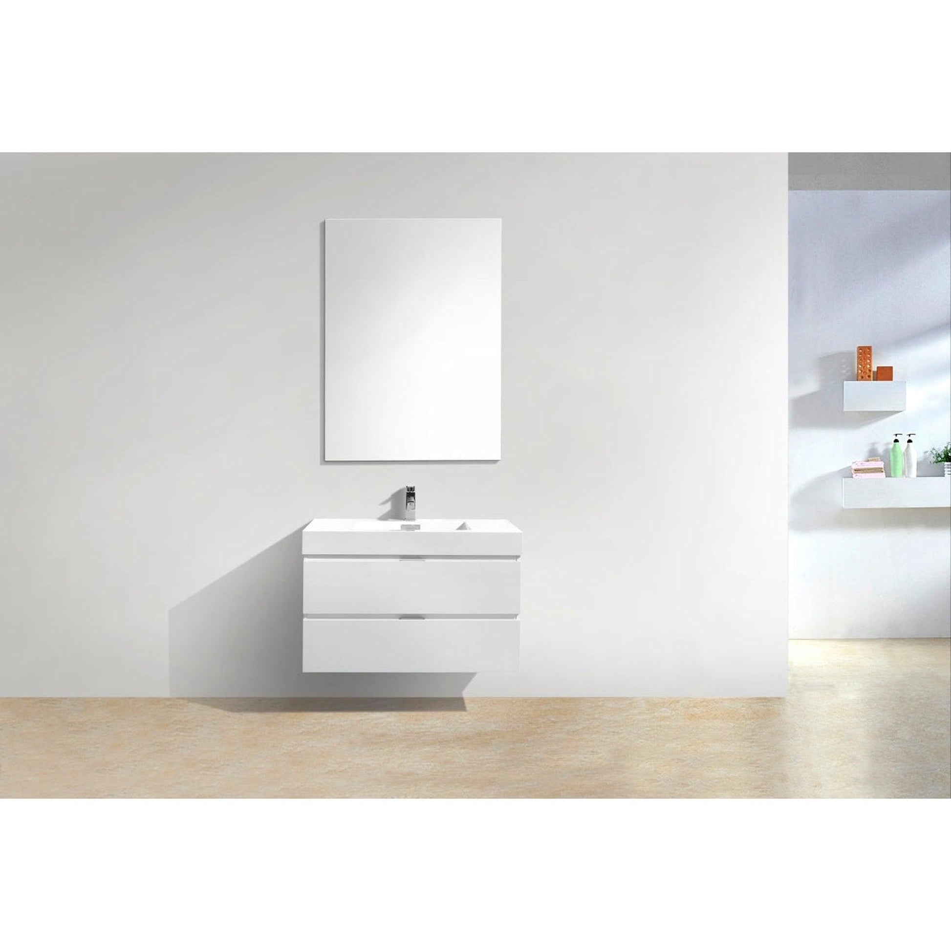 KubeBath Bliss 36" High Gloss White Wall-Mounted Modern Bathroom Vanity With Single Integrated Acrylic Sink With Overflow and 36" White Framed Mirror With Shelf