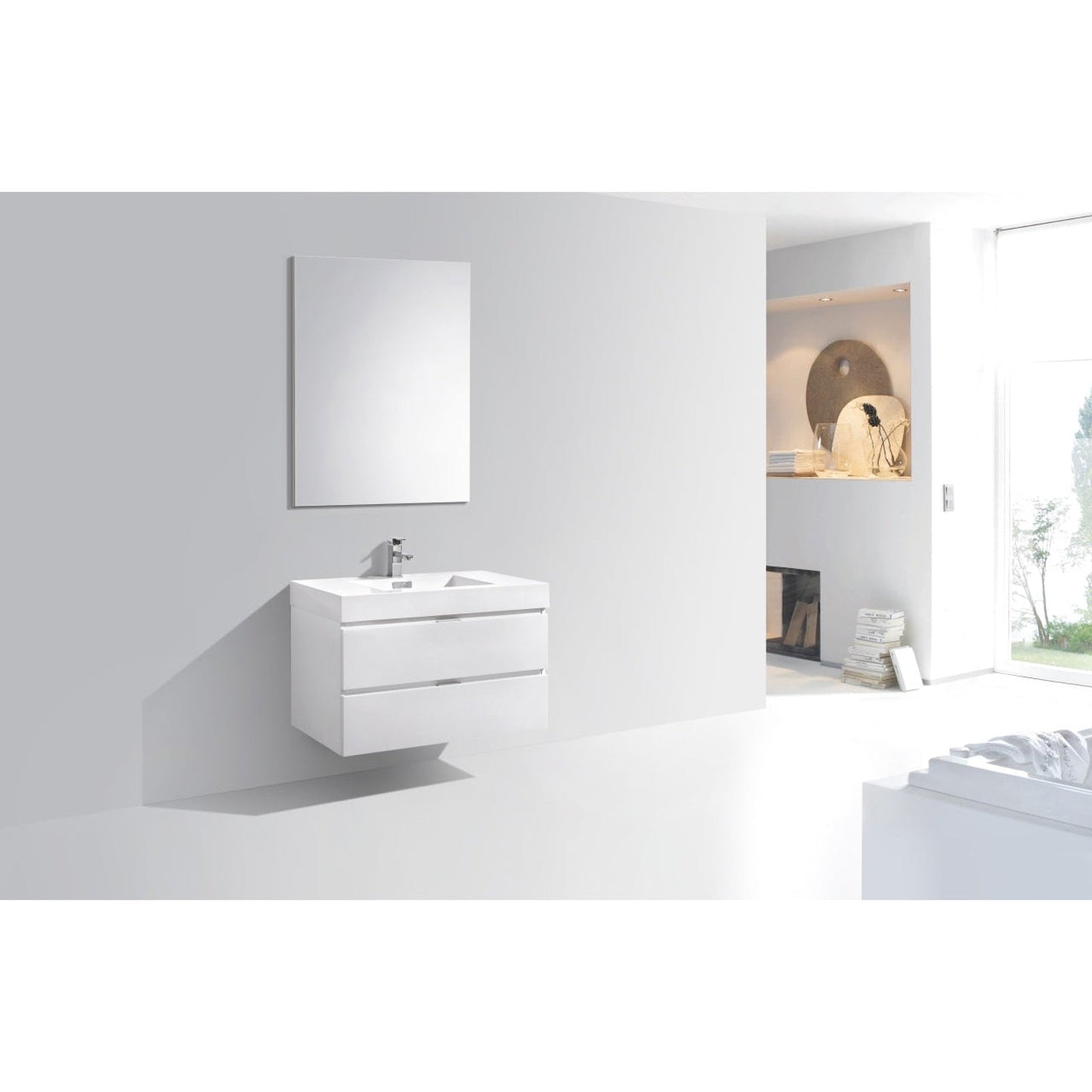 KubeBath Bliss 36" High Gloss White Wall-Mounted Modern Bathroom Vanity With Single Integrated Acrylic Sink With Overflow and 36" White Framed Mirror With Shelf