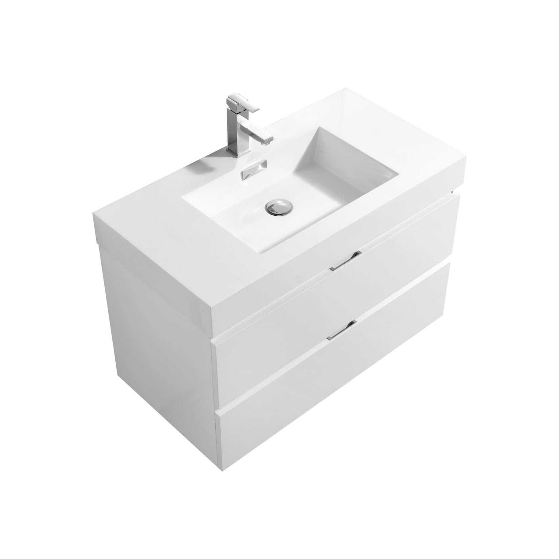 KubeBath Bliss 36" High Gloss White Wall-Mounted Modern Bathroom Vanity With Single Integrated Acrylic Sink With Overflow and 36" White Framed Mirror With Shelf