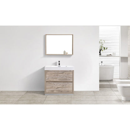 KubeBath Bliss 36" Nature Wood Freestanding Modern Bathroom Vanity With Single Integrated Acrylic Sink With Overflow and 36" Wood Framed Mirror With Shelf