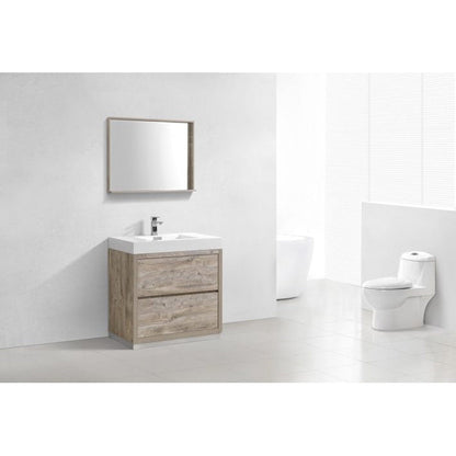 KubeBath Bliss 36" Nature Wood Freestanding Modern Bathroom Vanity With Single Integrated Acrylic Sink With Overflow and 36" Wood Framed Mirror With Shelf